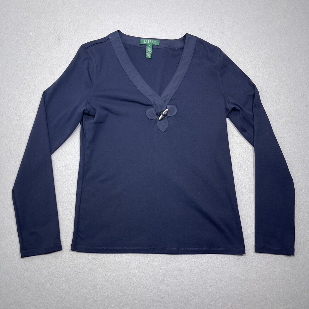 Lauren Ralph Lauren V Neck Top Women Medium Regular Navy Blue Toggle Preppy Core